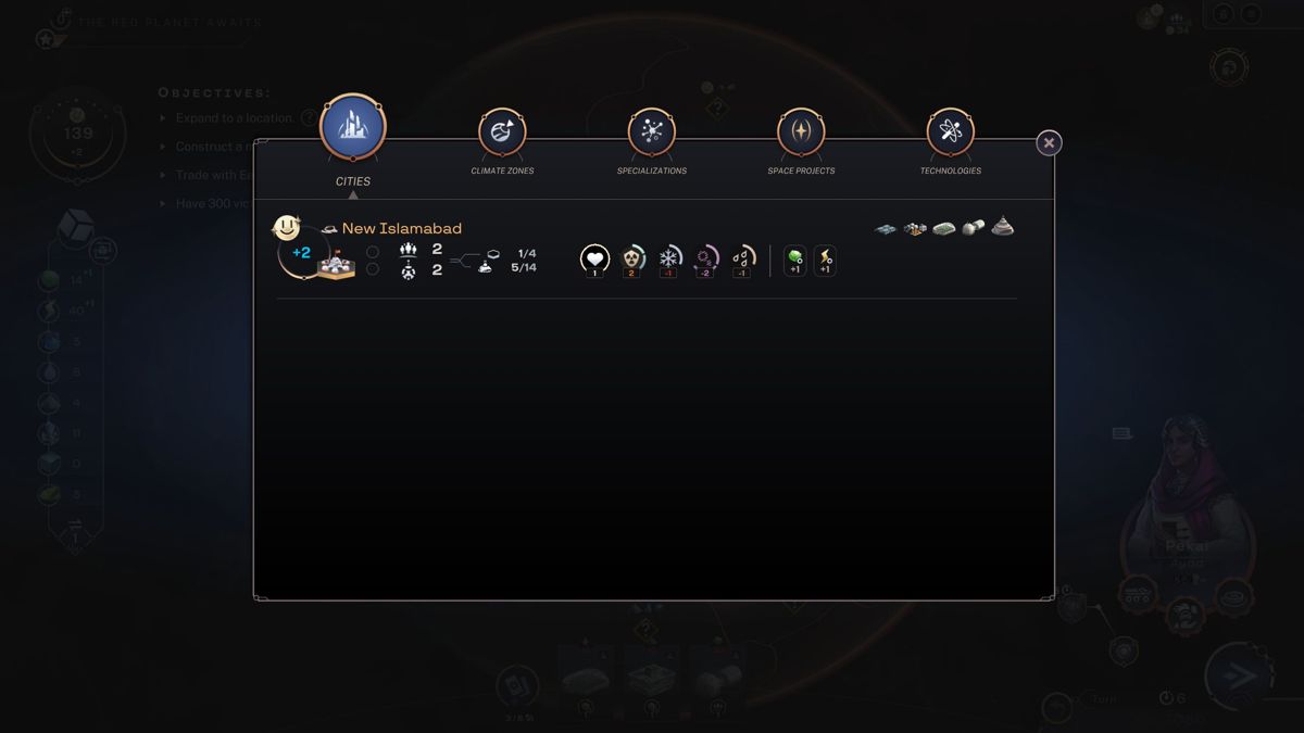 Terraformers (Windows) screenshot: This screen allows me to check on the status of my cities