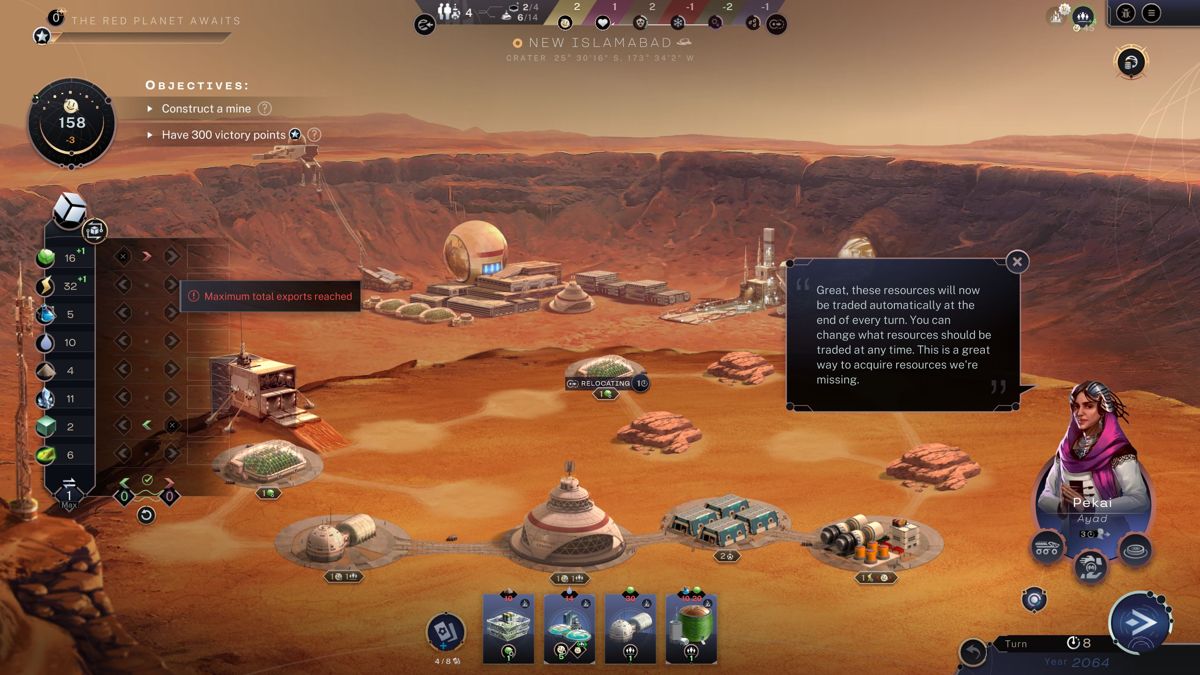 Terraformers (Windows) screenshot: The status bar on the left is used to manage trade with Earth. To get additional resources from Earth I have to send them additional goods