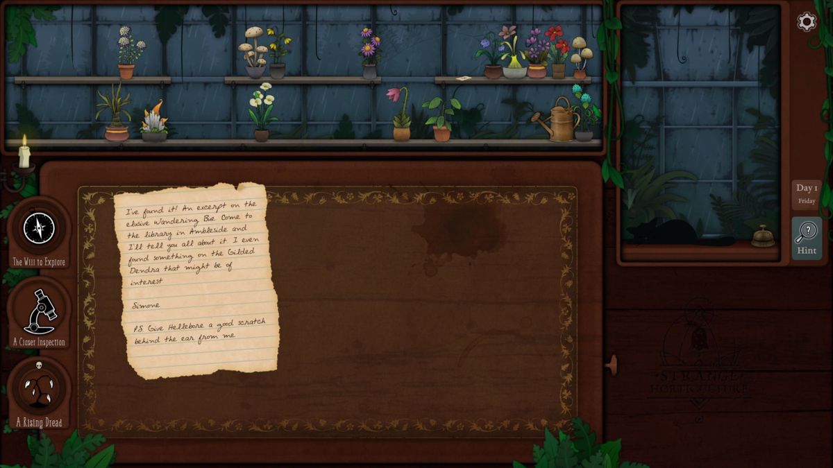 Strange Horticulture (Luna) screenshot: The start of the game. This is the work area. Tools are in a drawer to the side. Letters and clues are stored there too