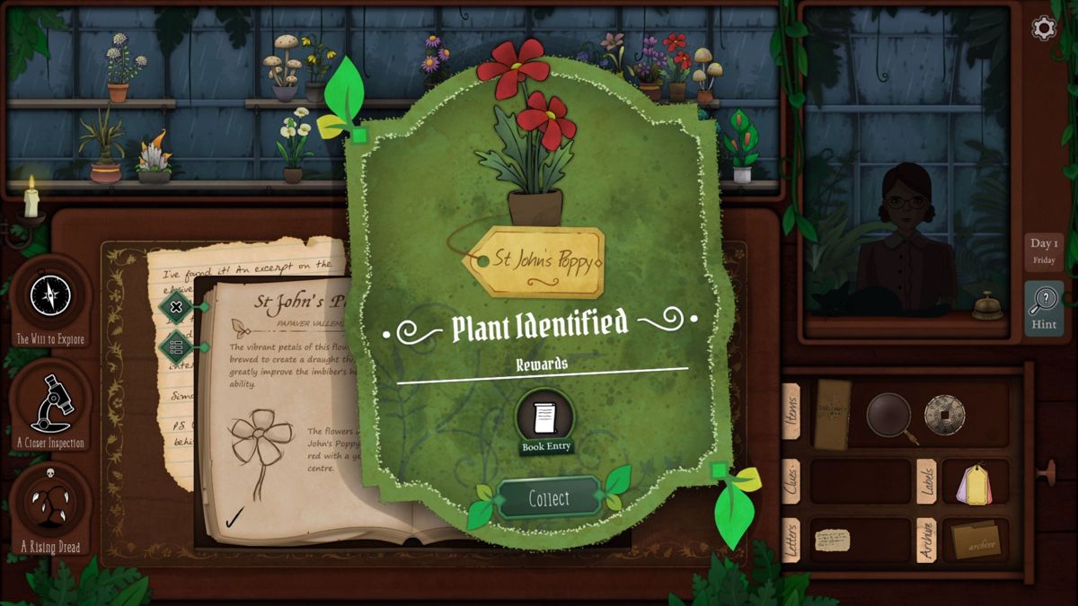 Strange Horticulture (Luna) screenshot: Plant identified.The reward is usually another entry in the plant book that helps identify another plant