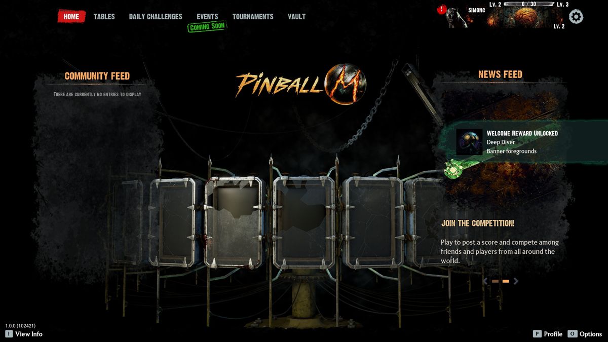 Pinball M (Windows) screenshot: Main menu