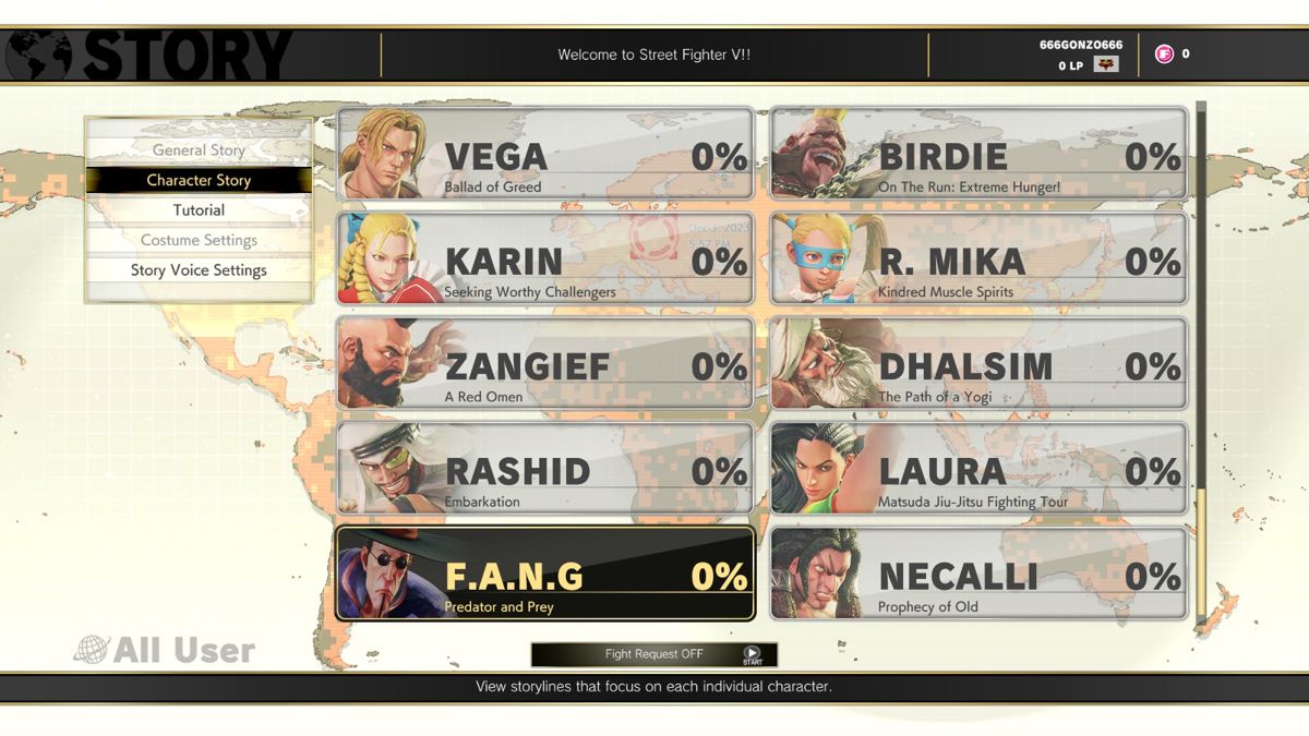 Street Fighter V (Windows) screenshot: Character selection in story mode