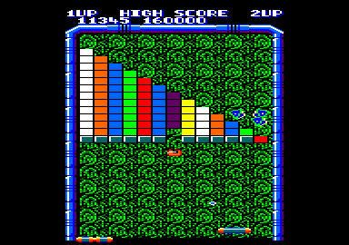 Arkanoid (Amstrad CPC) screenshot: Catch that "S" to slow down the speed of the ball