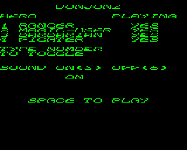 Dunjunz (BBC Micro) screenshot: Game Setup