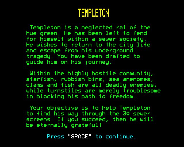 Templeton (BBC Micro) screenshot: Instructions