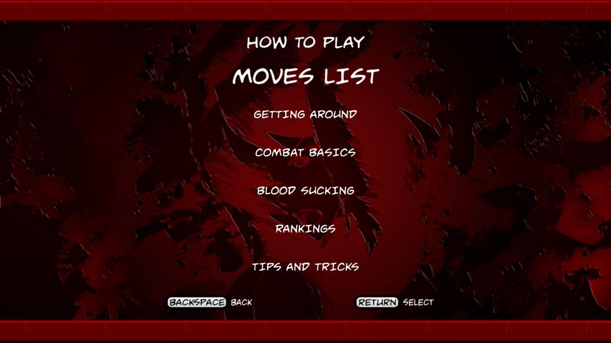 BloodRayne: Betrayal - Fresh Bites (Luna) screenshot: The MOVES LIST is a bit intimidating because there's so much in there, the next three headings explain the controls covered in the MOVES LIST