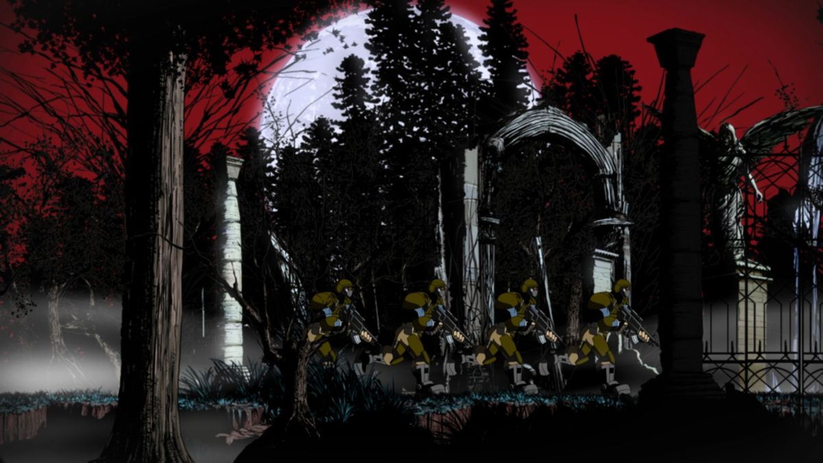 BloodRayne: Betrayal - Fresh Bites (Luna) screenshot: The start of the game, in go the soldiers, the vampires appear and then Rayne arrives