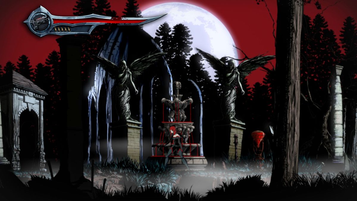 BloodRayne: Betrayal - Fresh Bites (Luna) screenshot: There's a red balloon shaped thing to Rayne's right. This is a small treasure bonus item that can be collected, also the fountain did not flow with blood until Rayne walked past it