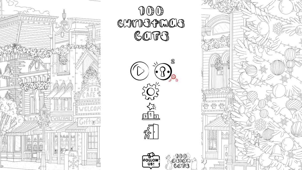 100 Christmas Cats (Windows) screenshot: The title screen, menu, and in the background is part of the picture containing the hidden cats