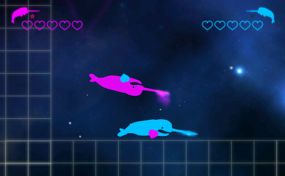 Starwhal: Prototype Version (Browser) screenshot: The camera zooms in when a heart is about to be pierced.