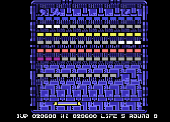 Arkanoid (Atari 8-bit) screenshot: The tricky third level; some bricks can't be destroyed!