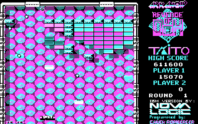Arkanoid: Revenge of DOH (DOS) screenshot: the backgrounds get in the way in CGA 4 color mode.