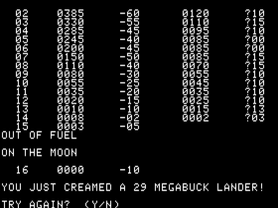 Lunar Lander (Apple I) screenshot: I destroyed the lander.