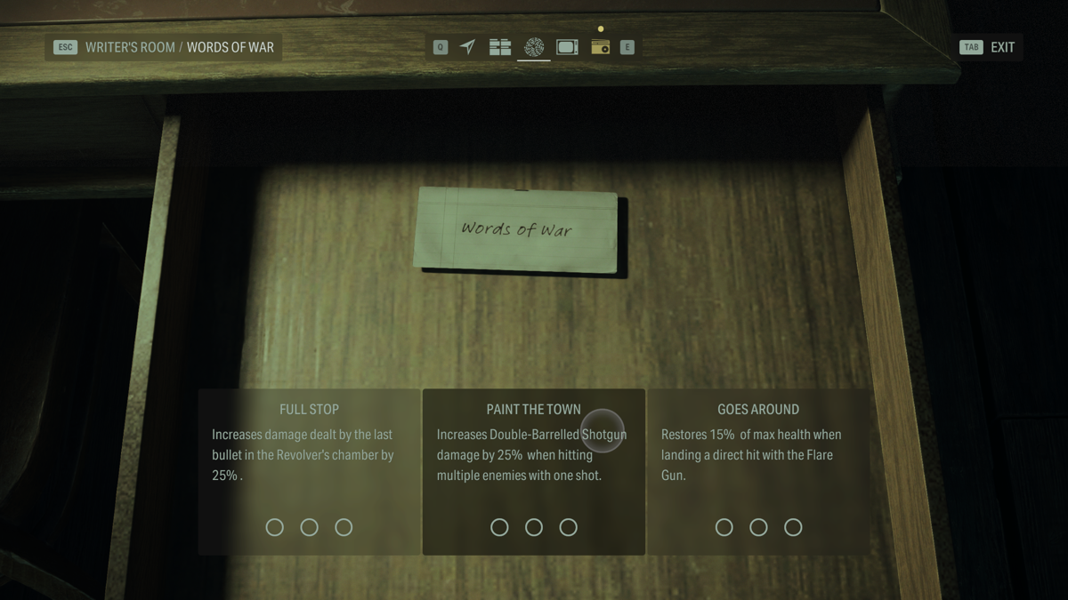 Alan Wake II (Windows) screenshot: Alan Wake can locate and collect Words to upgrade various aspects.