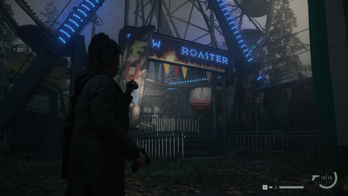 Alan Wake II (Windows) screenshot: Coffee World is an unusual amusement park in the middle of the woods.
