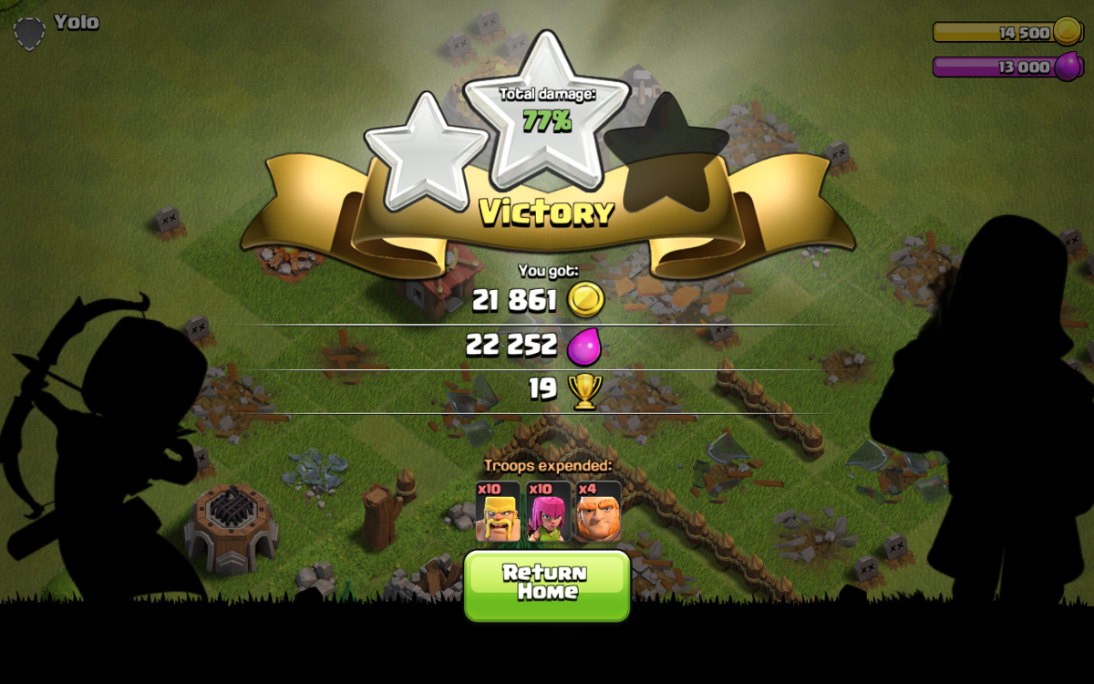 Clash of Clans (Android) screenshot: A "double-star"/awesome victory