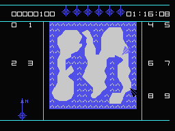 Flight Deck (MSX) screenshot: The Island Screen "F3": The island can now be seen enlarged on the screen. I use a reconnaissance plane to fly over the island to photograph the land, until I find the base. Oh! Digitized speech told me that an enemy (black) plane is attacking me.