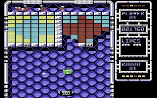 Arkanoid: Revenge of DOH (Commodore 64) screenshot: Gameplay on round one