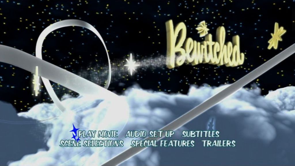 Bewitched (included game) (DVD Player) screenshot: The title screen and menu. The background is animated and once the title disappears some short scenes from the film are shown before the whole thing cycles around again