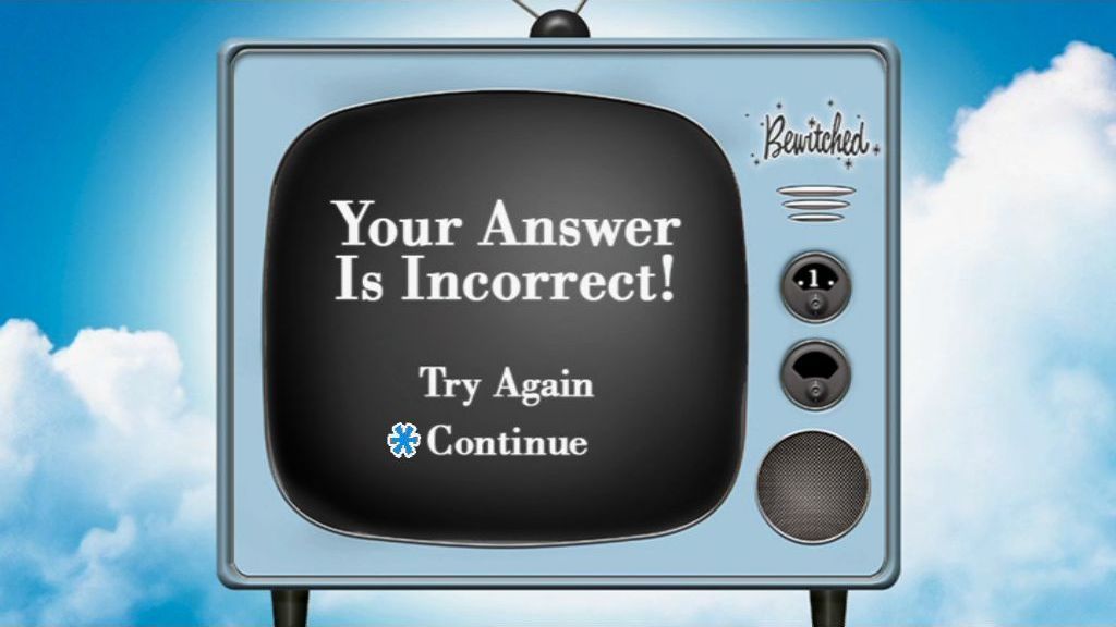 Bewitched (included game) (DVD Player) screenshot: If a question is answered incorrectly the player can continue to the next question or repeat it again and again until they get it right.