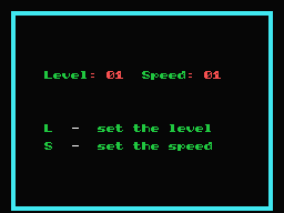 Snake (MSX) screenshot: Setting up the level and speed.