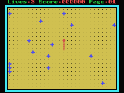 Snake (MSX) screenshot: Starting the first level (Page). The player controls a snake moving about the screen. At the start the snake is very short but grows quickly once it eats the blue (10 points plus one) and purple (20 points plus one) balls until the entire screen is clear.