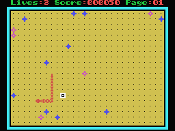 Snake (MSX) screenshot: The black and white dots also occasionally appear, which will give between 10 to 100 bonus points.