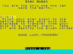 Star Quest (ZX Spectrum) screenshot: Title screen and instructions.