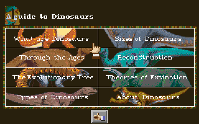 DinoPark Tycoon (DOS) screenshot: Main menu of the Guide to Dinosaurs