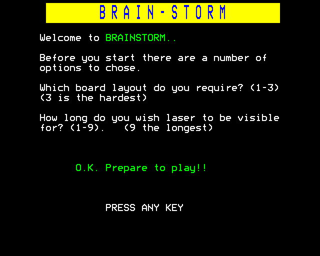 Brainstorm (BBC Micro) screenshot: Game Setup