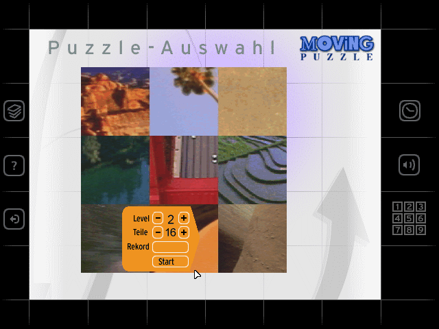 Moving Puzzle: Action Flights (Windows 3.x) screenshot: Choosing one of the puzzles and setting options