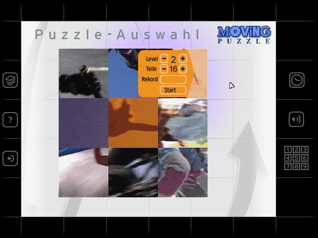 Moving Puzzle: Fun Sports (Windows 3.x) screenshot: Choosing the next puzzle with options