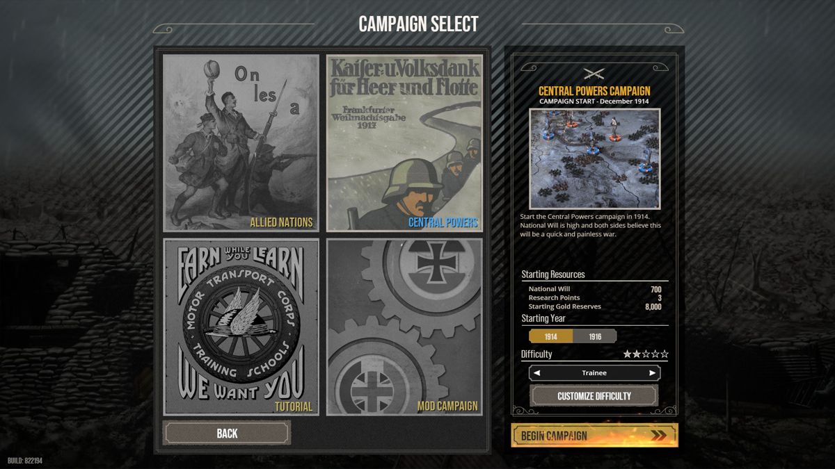 The Great War: Western Front (Windows) screenshot: Campaign selection