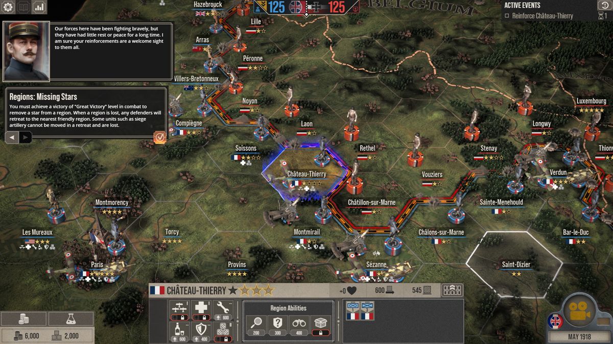 The Great War: Western Front (Windows) screenshot: The game map in the first phase of the game where you view the entire region.