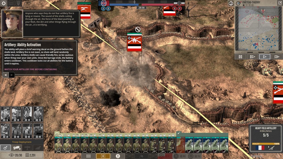 The Great War: Western Front (Windows) screenshot: Artillery raining down fire on enemy trenches.