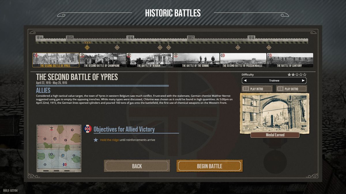 The Great War: Western Front (Windows) screenshot: Different historic battles are offered as separate scenarios.