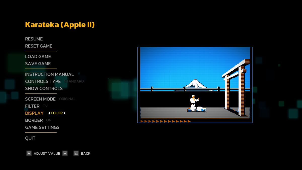 The Making of Karateka (Windows) screenshot: You can pause at any moment and adjust settings.
