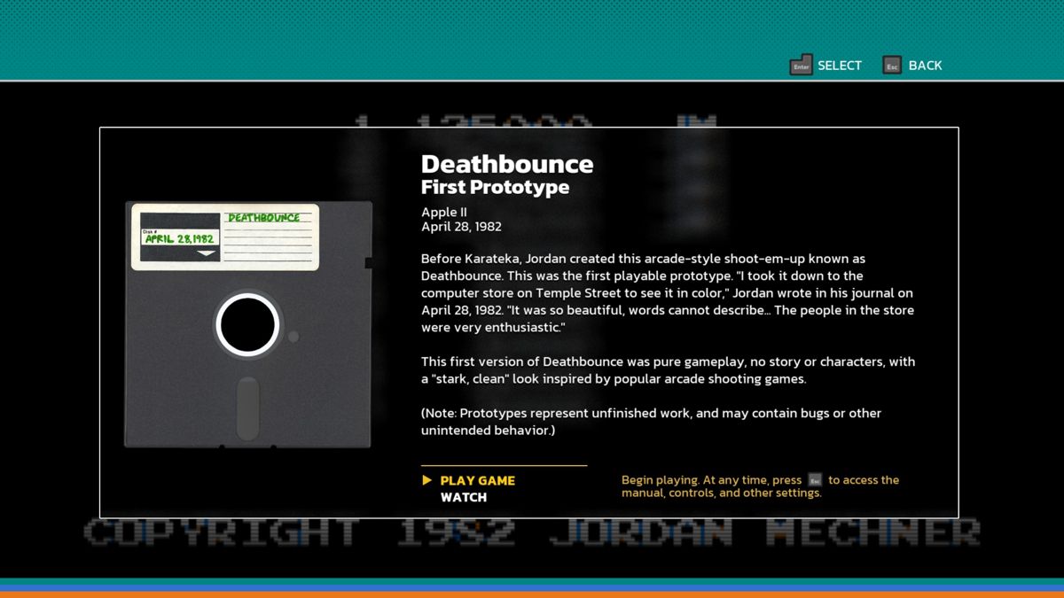 The Making of Karateka (Windows) screenshot: Information about the Deathbounce prototype