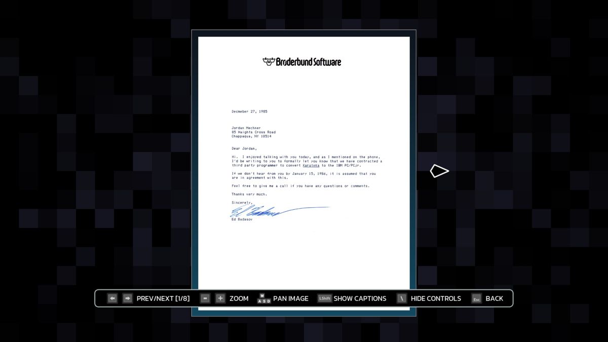 The Making of Karateka (Windows) screenshot: A letter from Brøderbund