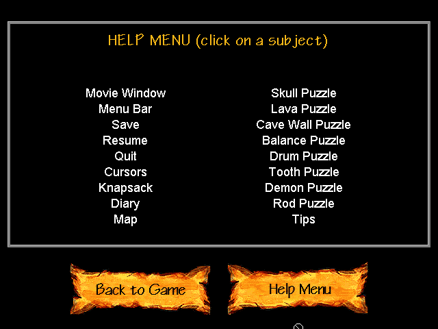 Mysterious Island: A Race Against Time and Hot Lava! (Windows 3.x) screenshot: The help menu also has tips for some puzzles