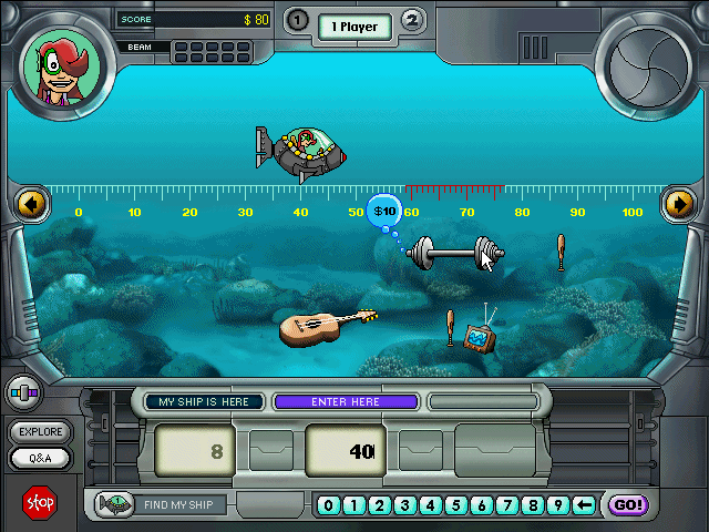 Nautical Number Hunt (Windows 3.x) screenshot: Moving the mouse over a treasure shows the number range