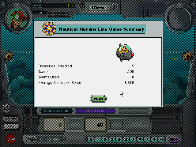 Nautical Number Hunt (Windows 3.x) screenshot: After all beams are fired, we receive a summary