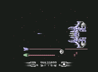 Armalyte (Commodore 64) screenshot: Using the laser beams to fry the Level 7 Boss' enemy ships