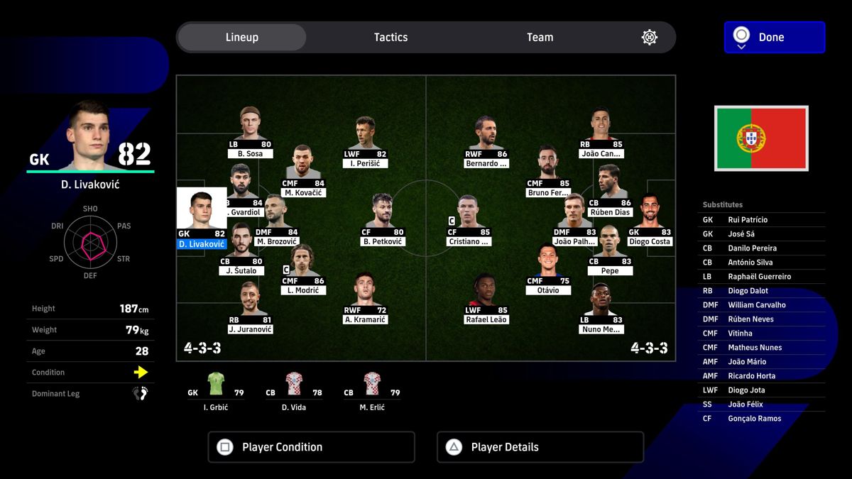eFootball 2022 (PlayStation 5) screenshot: Croatia vs Portugal lineup