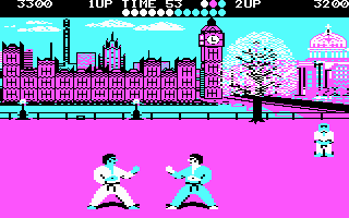 World Karate Championship (PC Booter) screenshot: Two players fighting in London