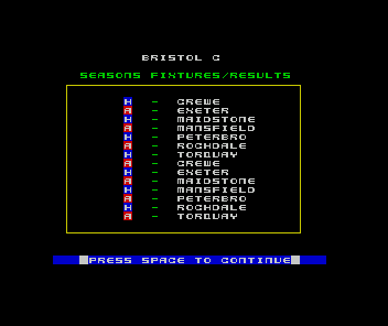 The Manager (ZX Spectrum) screenshot: A very regimented and precise fixture schedule