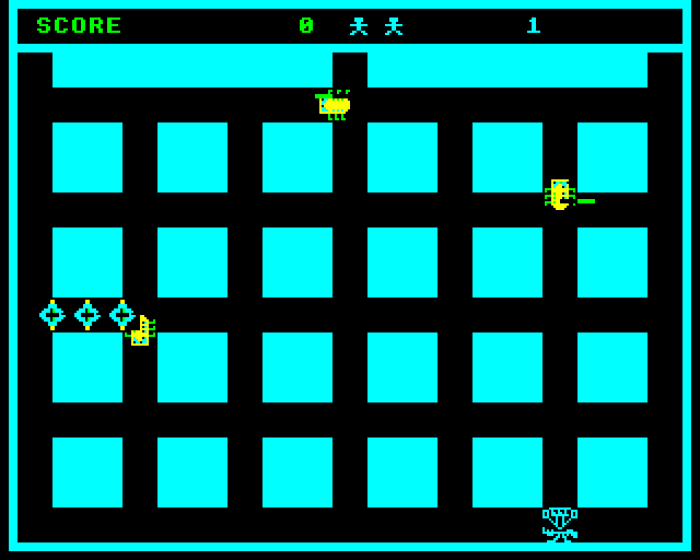 Bug Bomb (BBC Micro) screenshot: Moving Projectiles