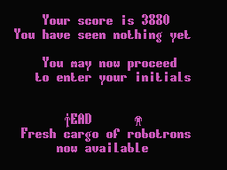 Robot Wars (MSX) screenshot: Entering my initials in the High Score Table.