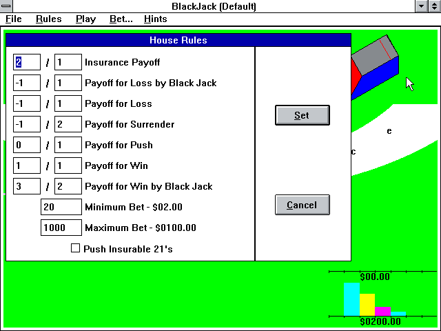 BlackJack (Windows 3.x) screenshot: The "House Rules" settings