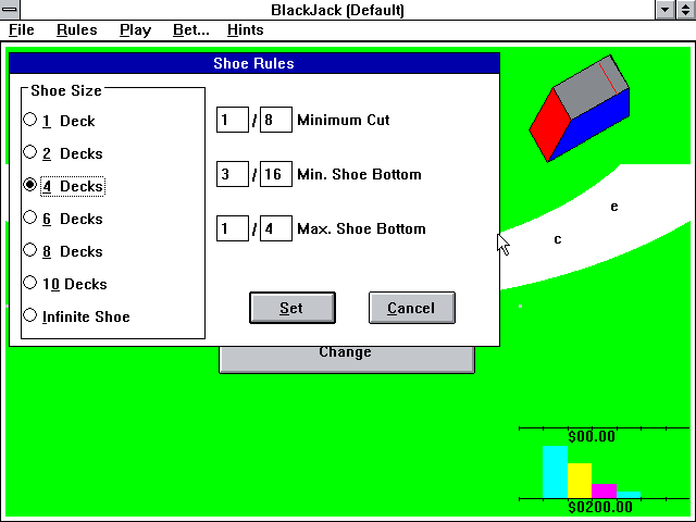 BlackJack (Windows 3.x) screenshot: The "Shoe Rules" settings